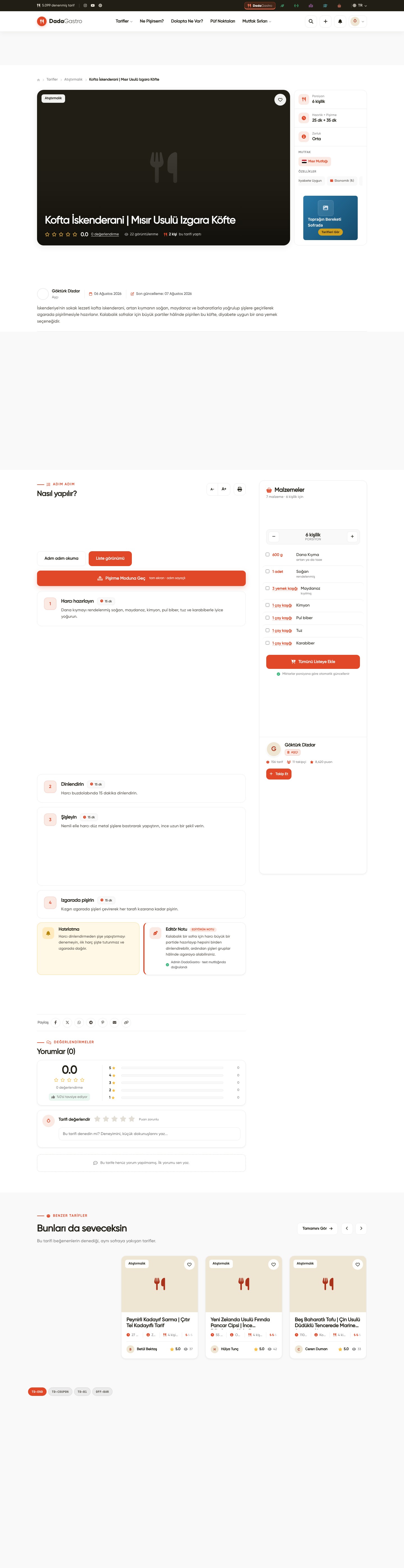 Tarif Künyesi Sponsoru — Tek Tarif Sponsorluğu — Web görünümünde sayfadaki yeri